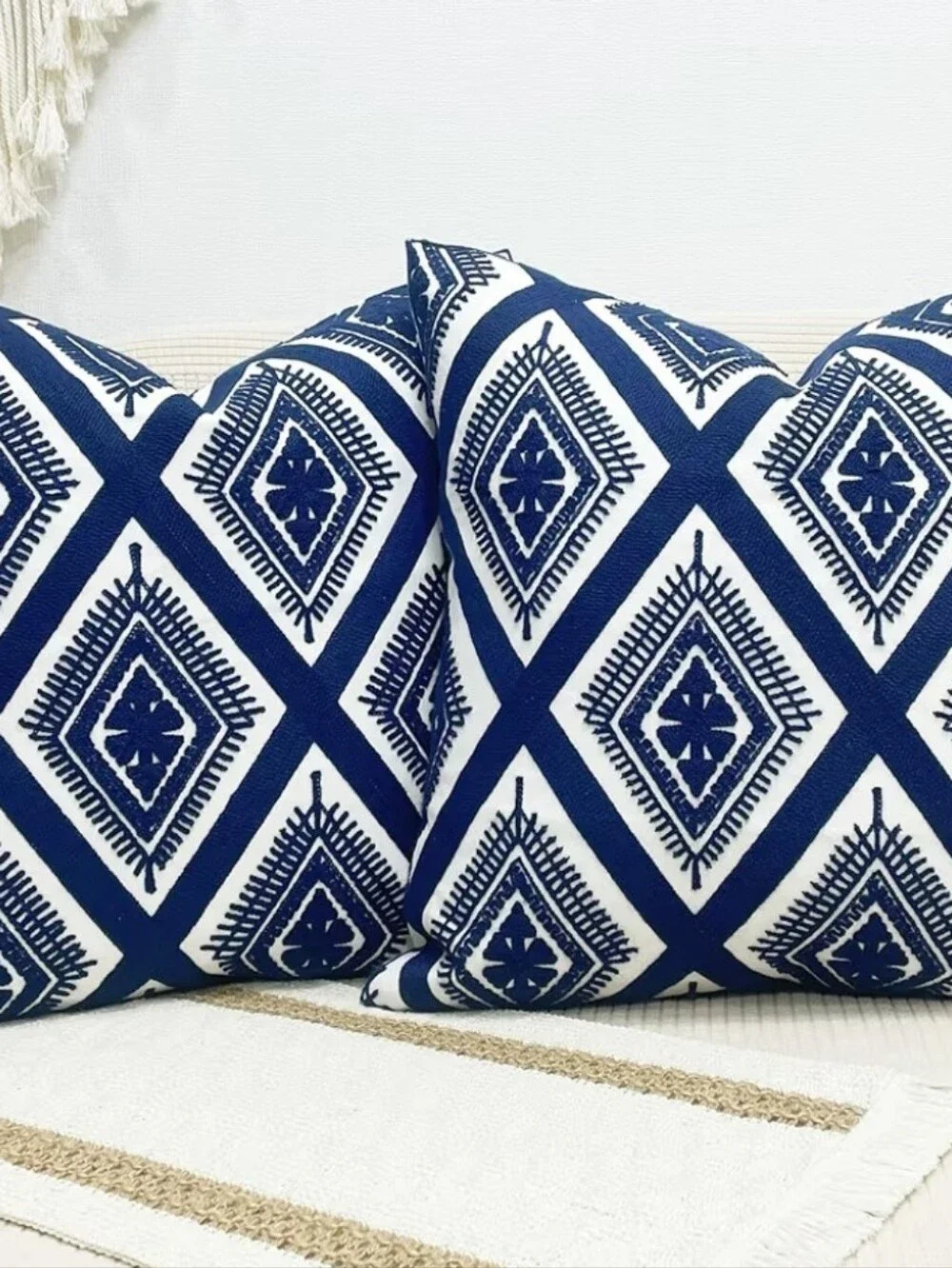 Slow Cow Organic Cotton Pillow Covers Set of 2 Blue White Coastal Boho 17x17